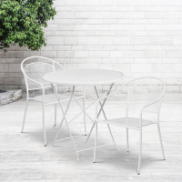 Flash Furniture CO-30RDF-03CHR2-WH-GG 30" Round Steel Folding Patio Table Set with 2 Round Back Chairs in White